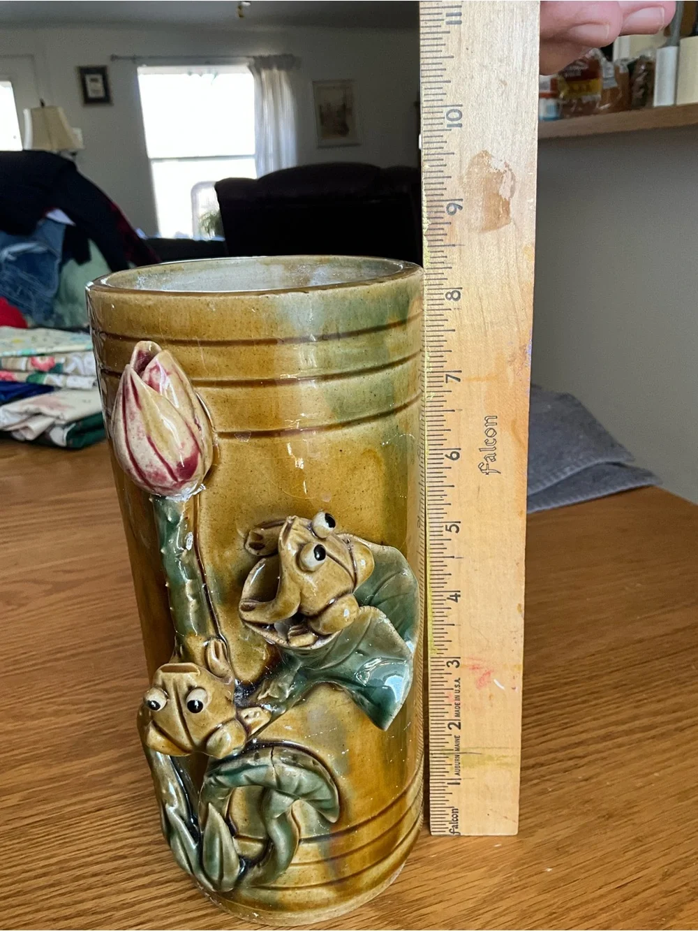 Vintage Art Pottery Majolica Style Vase Bamboo Frogs Lilly Pad Signed 8.5”